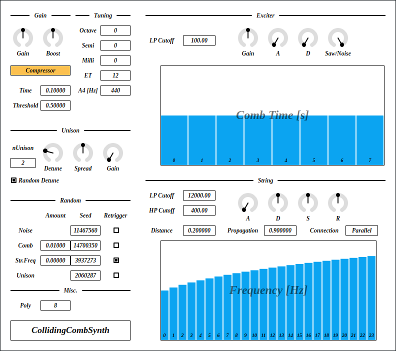 Image of CollidingCombSynth graphical user interface.